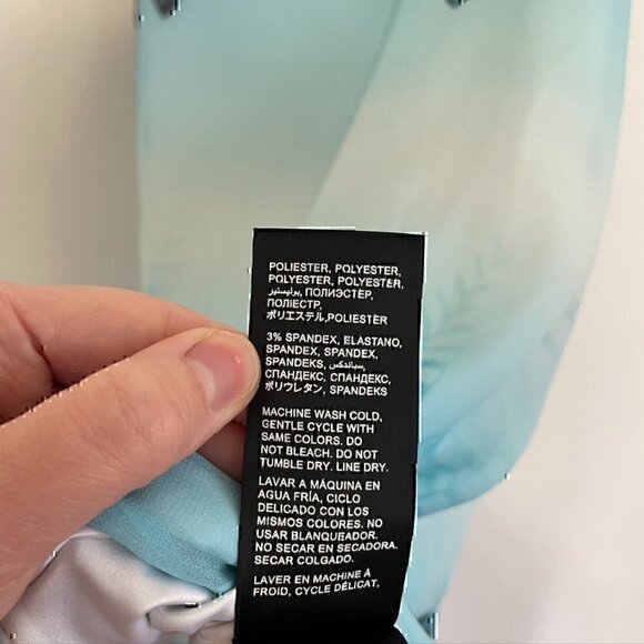 BEBE Blue Black White Feather Print Crochet Trim Sleeveless Mini Shift Dress XS - Picture 7 of 12